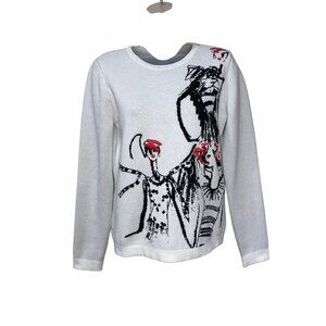 Karl Lagerfeld Paris Womens XS Soft White Graphic Sweater Long Sleeve Cotton Ble